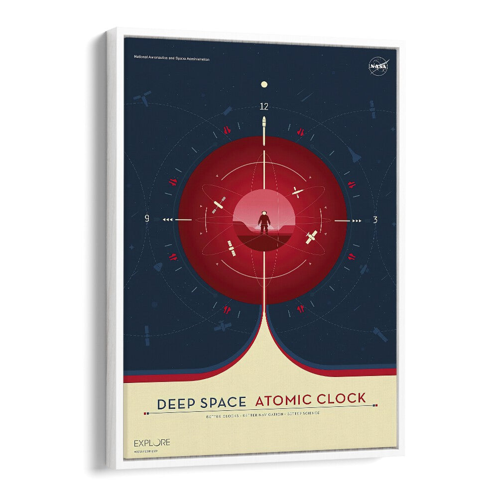 Deep Space Atomic Clock - Red Astronaut & Nasa Paintings, Space Art Prints Artwork in White Floater Frame
