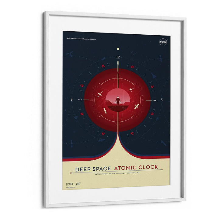 Deep Space Atomic Clock - Red Astronaut & Nasa Paintings, Space Art Prints Artwork in White Frame With Mount
