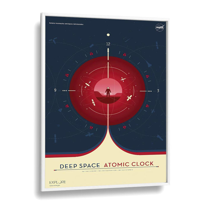 Deep Space Atomic Clock - Red Astronaut & Nasa Paintings, Space Art Prints Artwork in White Plain Frame
