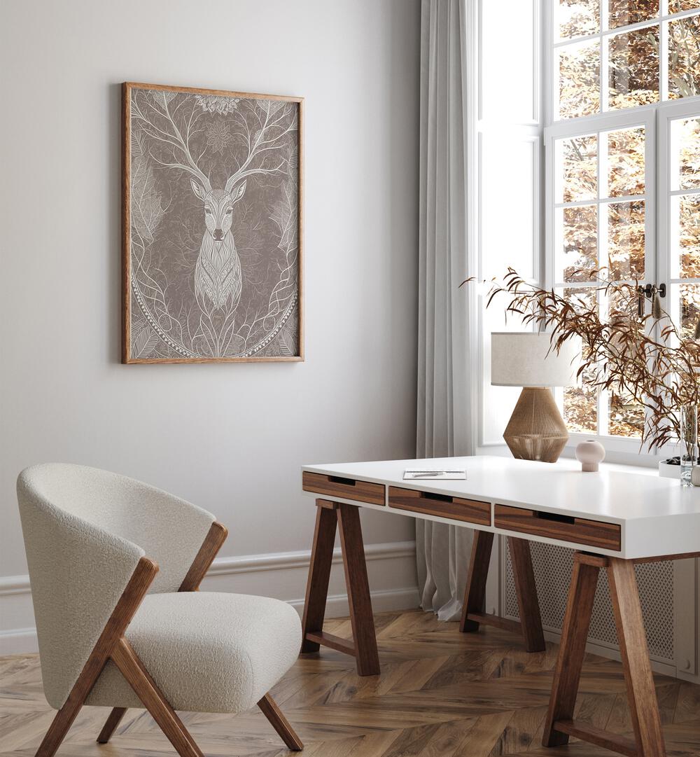 Deer In The Blossom's Embrace Vintage Art Painting Artwork in plain oakwood frame beside a window for study area