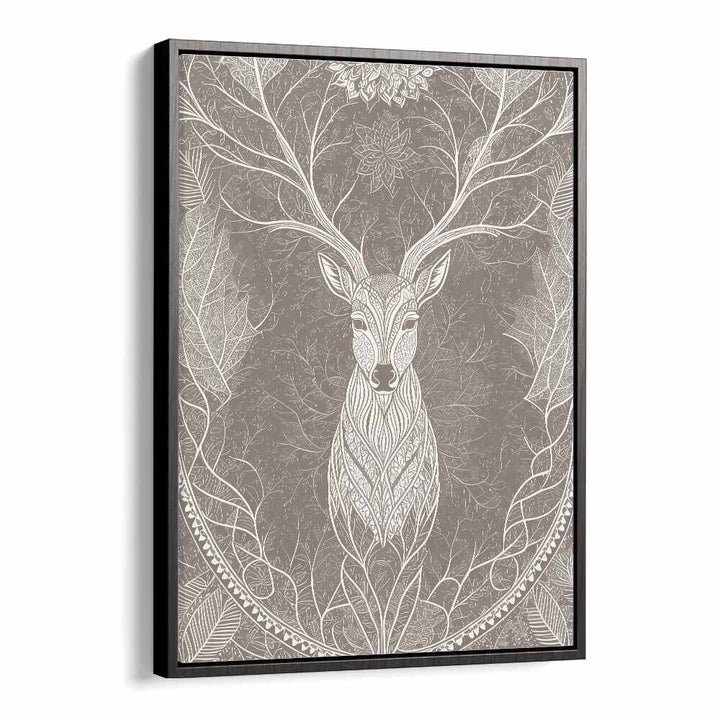 Deer In The Blossom's Embrace Vintage Art Artwork in Black Floater Frame