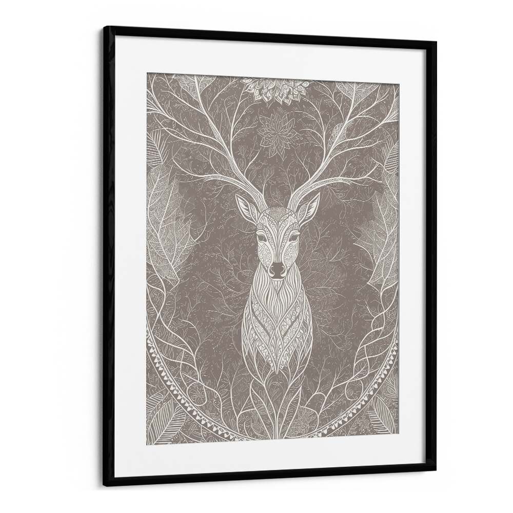 Deer In The Blossom's Embrace Vintage Art Artwork in Black Frame With Mount