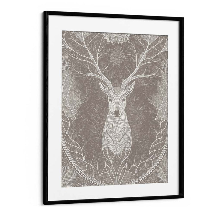 Deer In The Blossom's Embrace Vintage Art Artwork in Black Frame With Mount