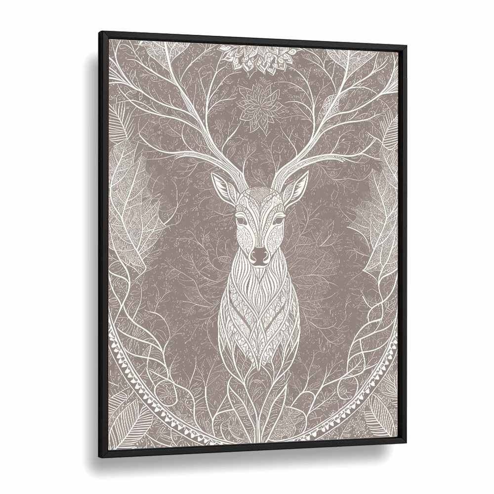 Deer In The Blossom's Embrace Vintage Art Artwork in Black Plain Frame