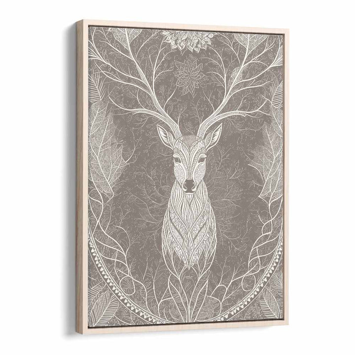 Deer In The Blossom's Embrace Vintage Art Artwork in Oak Wood Floater Frame