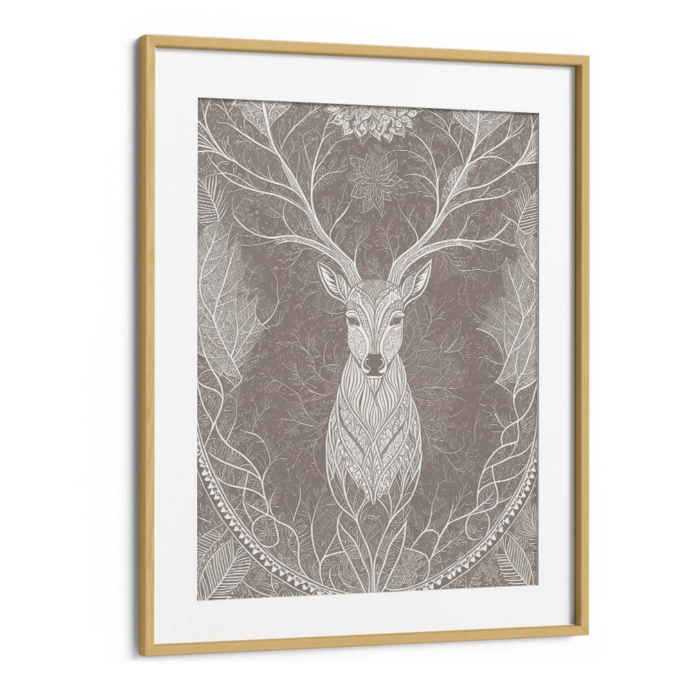 Deer In The Blossom's Embrace Vintage Art Artwork in Oak Wood Frame With Mount