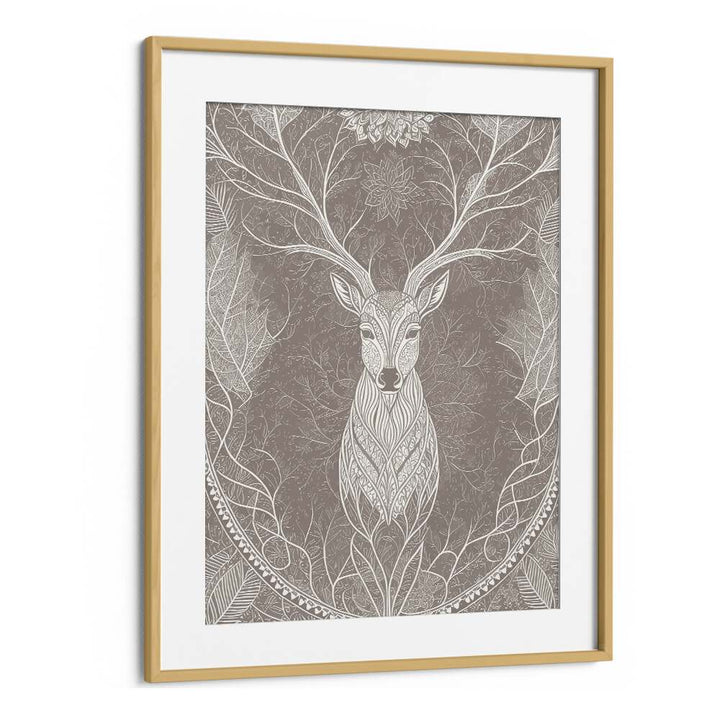 Deer In The Blossom's Embrace Vintage Art Artwork in Oak Wood Frame With Mount