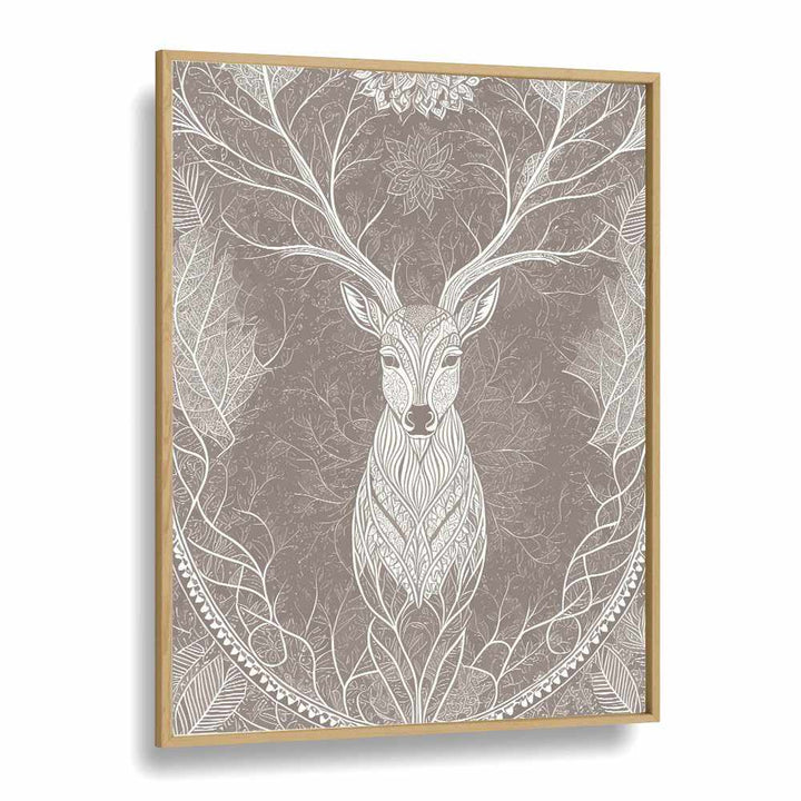 Deer In The Blossom's Embrace Vintage Art Artwork in Oak Wood Plain Frame