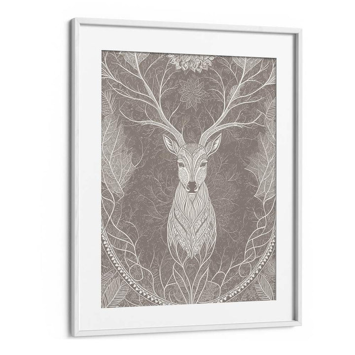 Deer In The Blossom's Embrace Vintage Art Artwork in White Frame With Mount