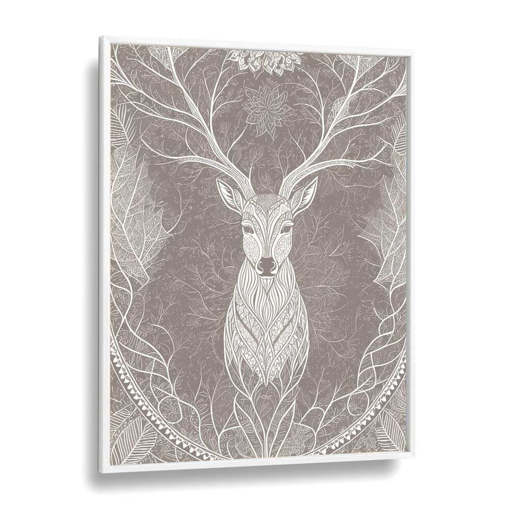 Deer In The Blossom's Embrace Vintage art Artwork in White Plain Frame