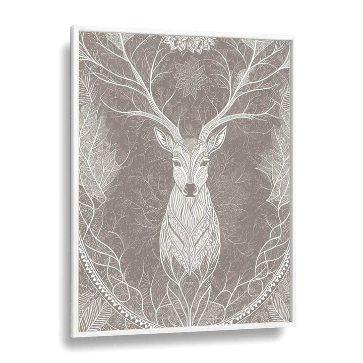 Deer In The Blossom's Embrace Vintage art Artwork in White Plain Frame