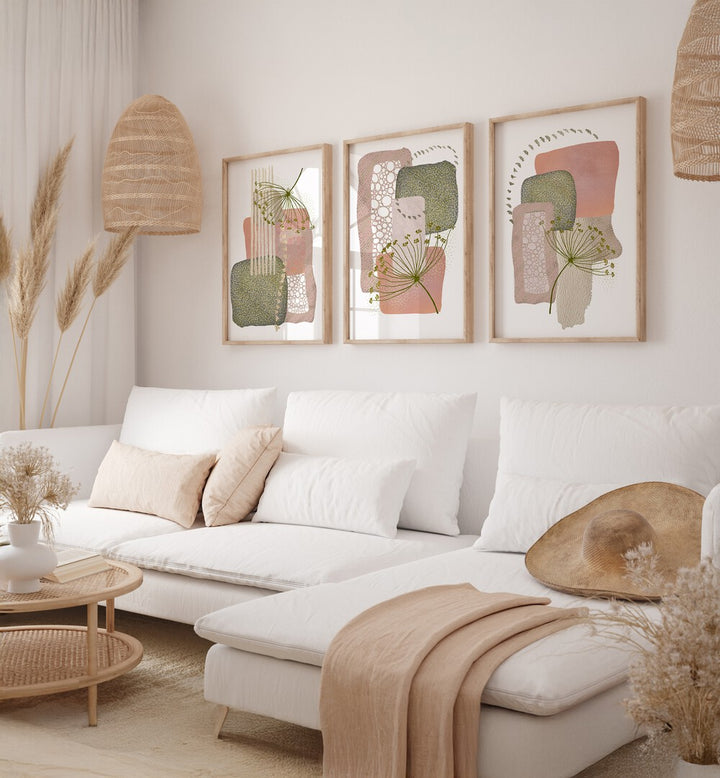DELICATE PINK AND GREEN SET , SET OF 3 PAINTINGS