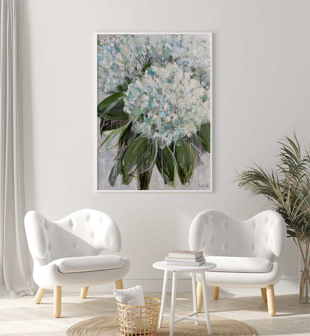 Transform your space with DELICATE WHITE AND BLUE HYDRANGEAS, FLORAL FLOWER PAINTINGS for a serene garden vibe.