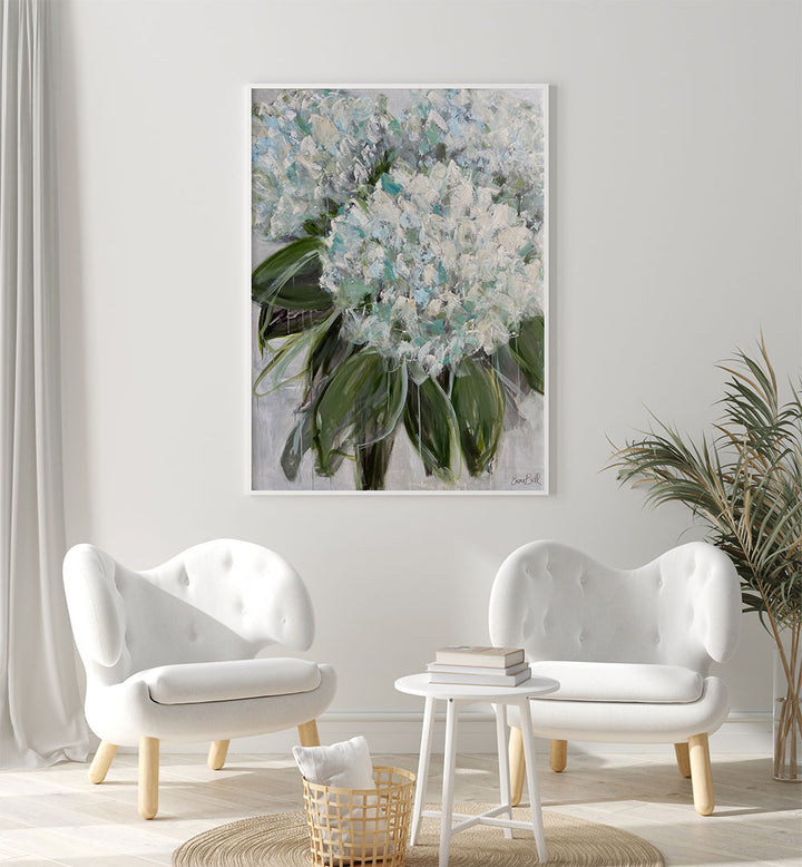 Transform your space with DELICATE WHITE AND BLUE HYDRANGEAS, FLORAL FLOWER PAINTINGS for a serene garden vibe.