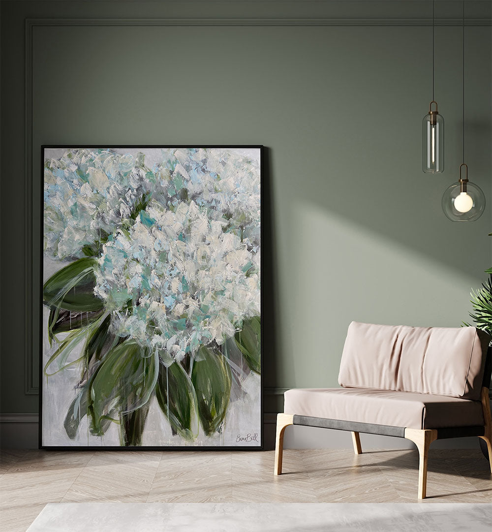 Transform your space with DELICATE WHITE AND BLUE HYDRANGEAS, FLORAL FLOWER PAINTINGS, showcasing serene beauty.