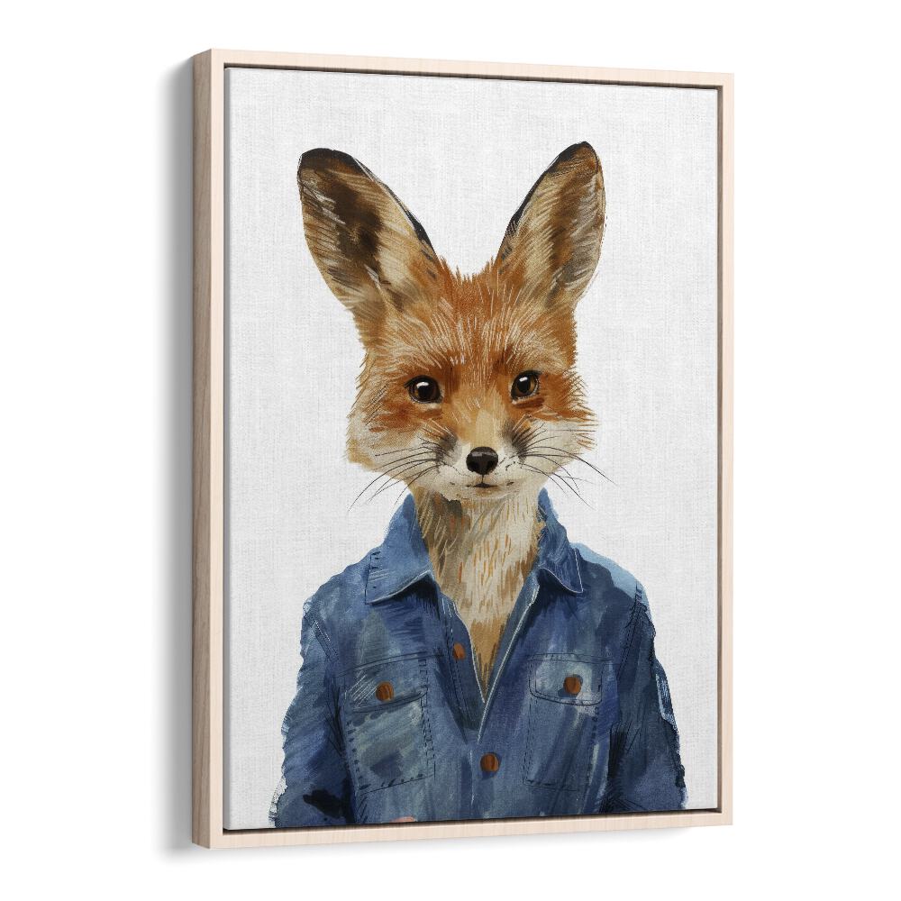 Denim Dapper Jackal Kids Art Artwork in Oak Wood Floater Frame
