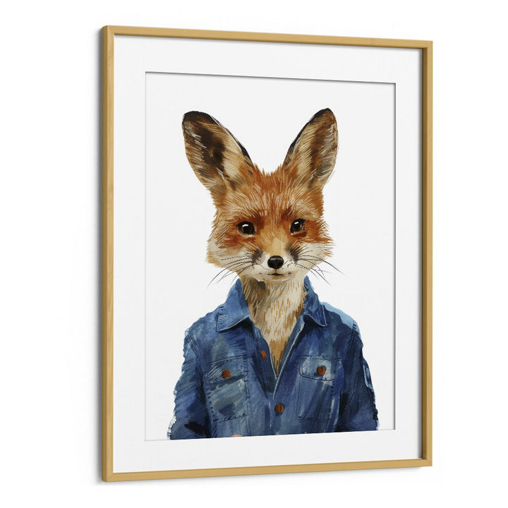 Denim Dapper Jackal Kids Art Artwork in Oak Wood Frame With Mount
