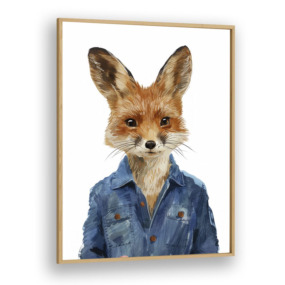 Denim Dapper Jackal Kids Art Artwork in Oak Wood Plain Frame
