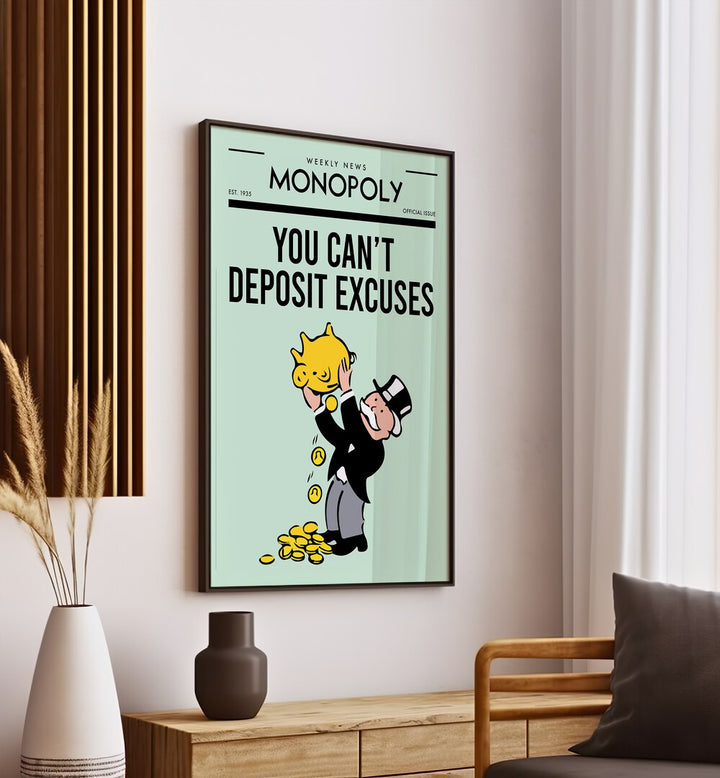 Depost excuses Money Art Artwork in plain black frame hanging on wall above console table