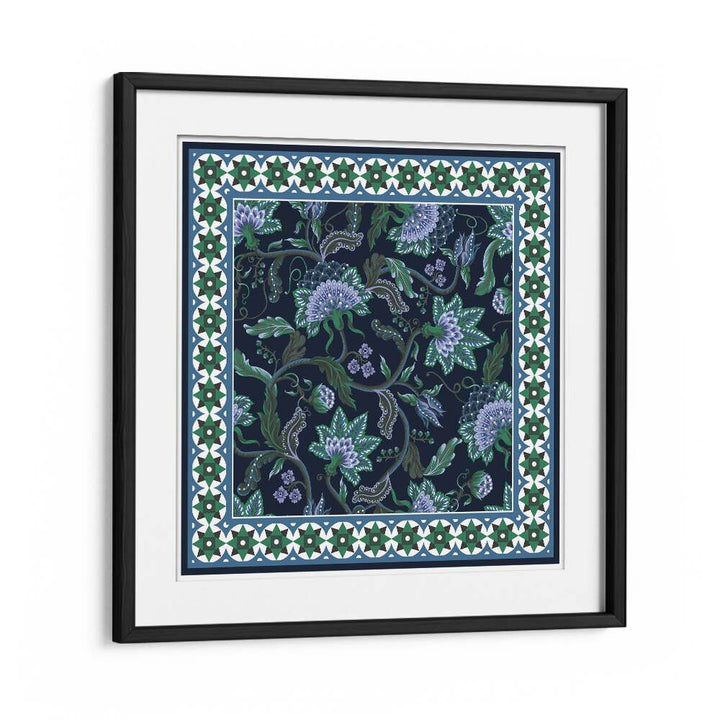 Design Scarf With Indian Floral Tournament Botanical Art Print Artwork in Black Frame With Mount