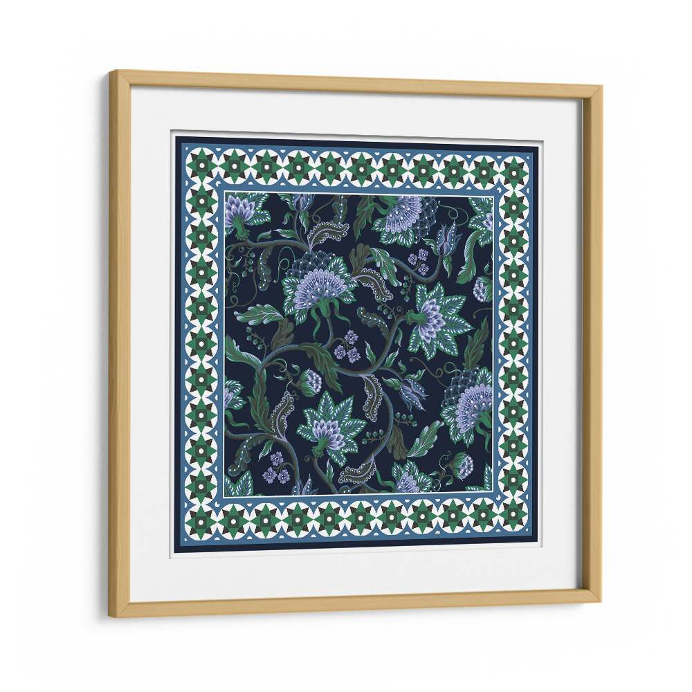 Design Scarf With Indian Floral Tournament Botanical Art Print Artwork in Oak Wood Frame With Mount