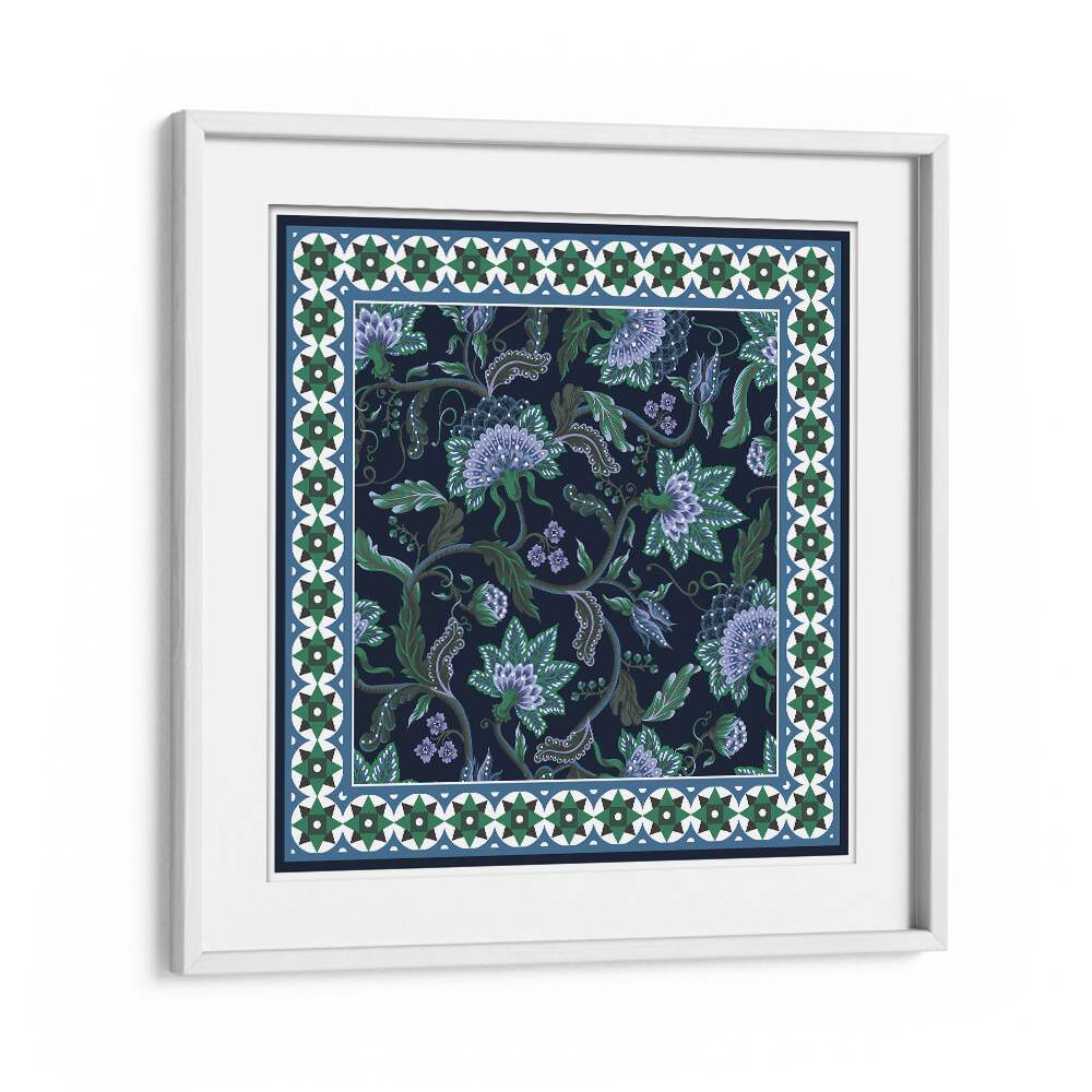 Design Scarf With Indian Floral Tournament Botanical Art Print Artwork in White Frame With Mount