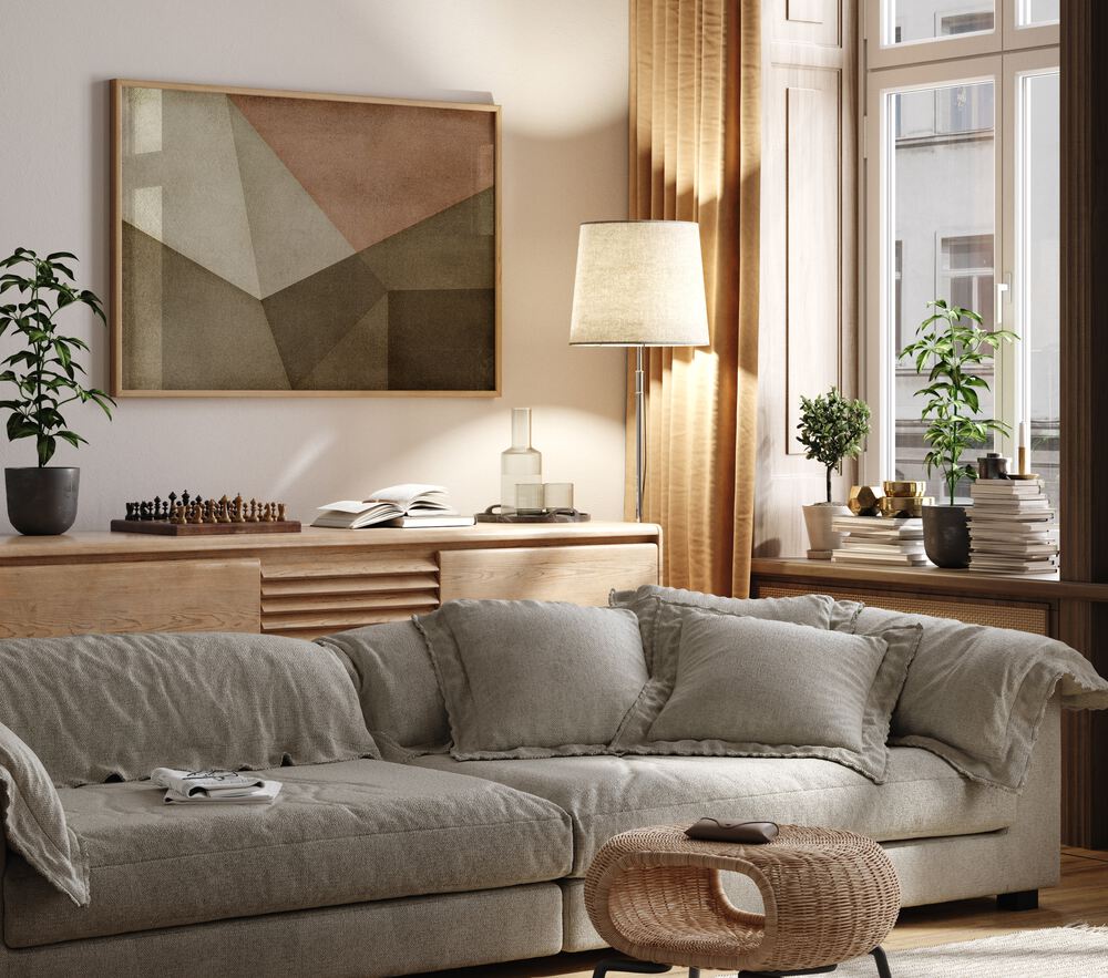 Stylish living room featuring DETACHED, ABSTRACT PAINTINGS, enhancing modern elegance and sophistication.