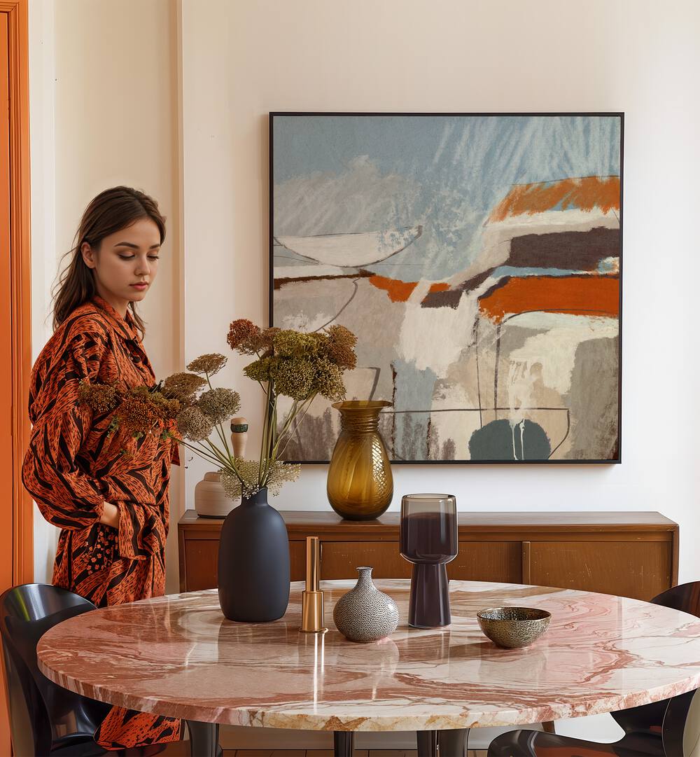 Stylish woman admires DETOUR, ABSTRACT PAINTINGS, enhancing a modern living space with vibrant colors and patterns.