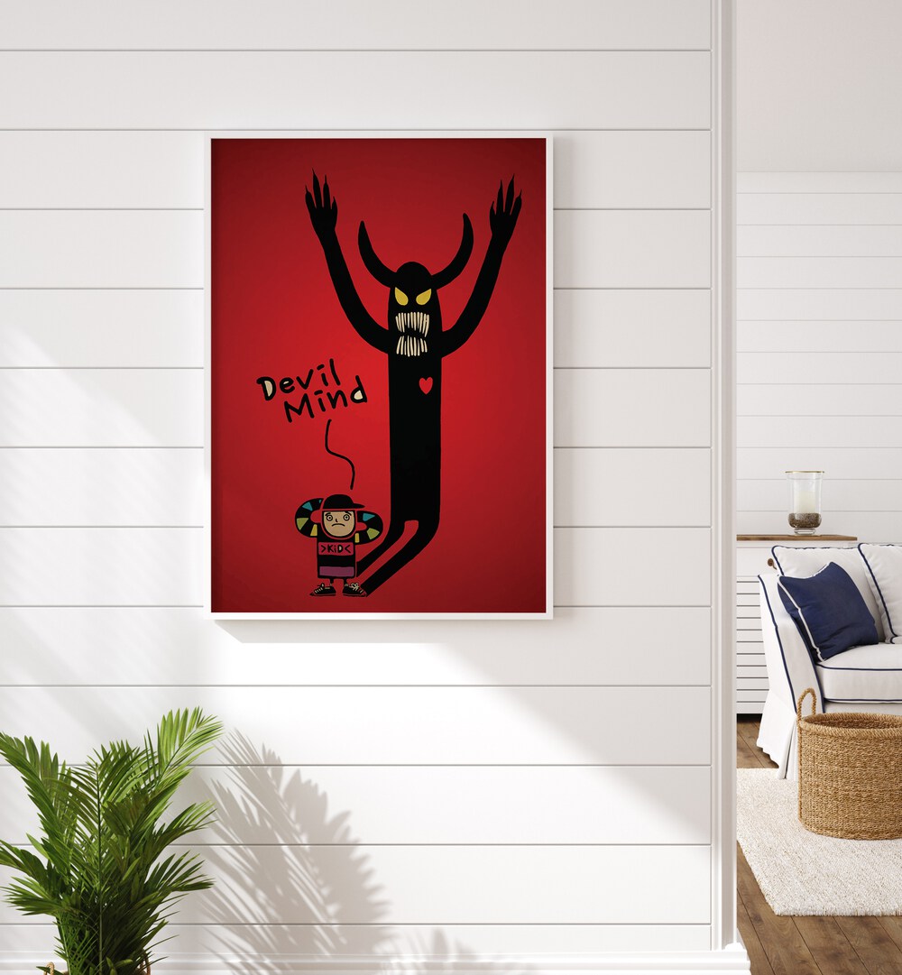 Devil Mind Comic Art Artwork in White Plain Frame Placed 0n a White Stripped Pattern Wooden Wall