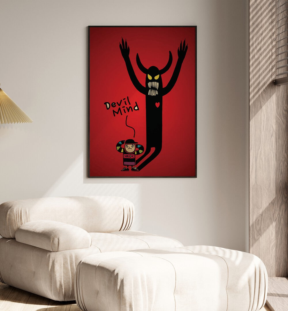 Devil Mind Comic Art Artwork in Black Plain Frame Placed on a Cream Colored Wall near a Cream Colored Sofa in the Living Room