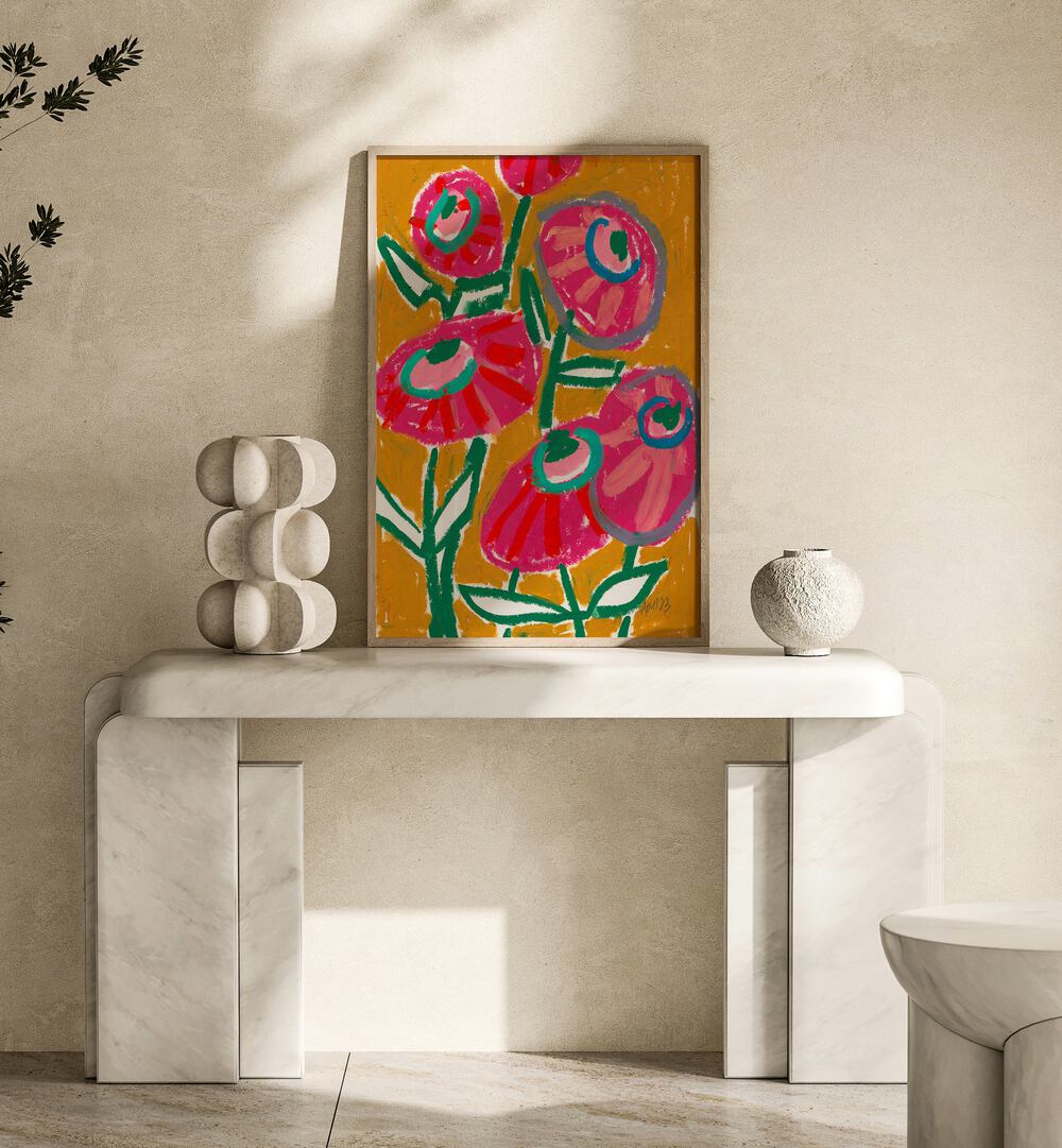 Dhalias  By Ania Zwara Botanical Flower Paintings Artwork Placed Near Wall