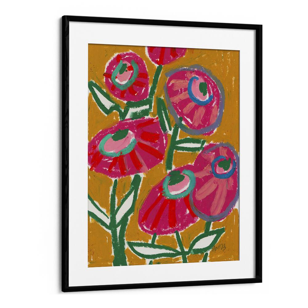 Dhalias  By Ania Zwara Botanical Flower Paintings Artwork  in Black Frame With Mount