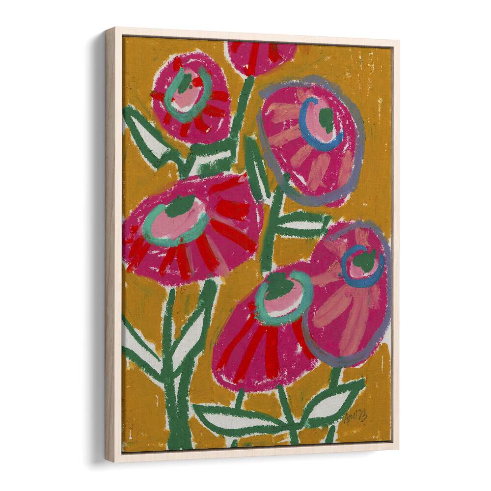 Dhalias  By Ania Zwara Botanical Flower Paintings Artwork in Oak Wood Floater Frame