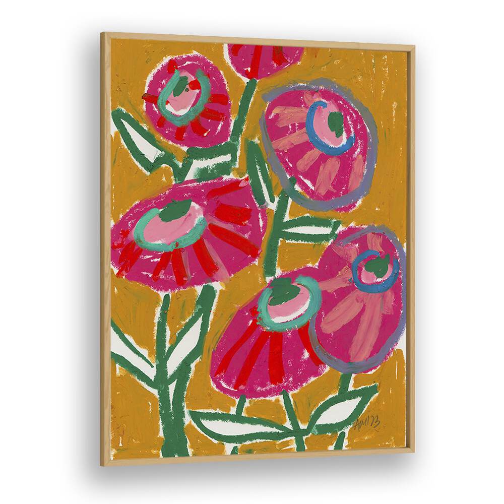 Dhalias  By Ania Zwara Botanical Flower Paintings Artwork in Oak Wood Plain Frame