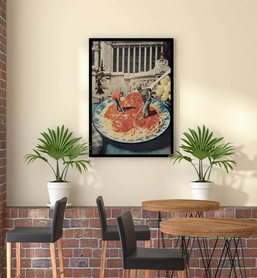 Diggin Spaghetti Surreal Art Painting Artwork in plain black frame on a beige wall in between two plants for cafe