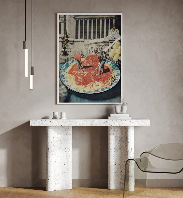 Diggin Spaghetti Surreal Art Painting Artwork in plain white frame above a console table 