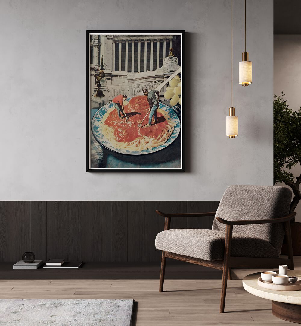 Diggin Spaghetti Surreal Art Painting Artwork in plain black frame behind a chair