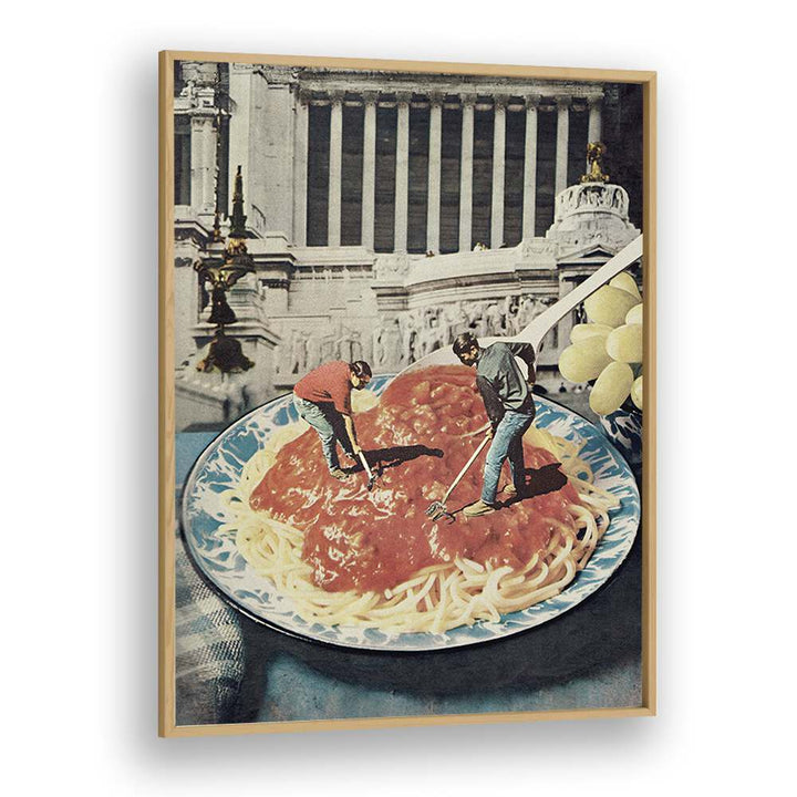 Diggin Spaghetti Surreal Art Artwork in Oak Wood Plain Frame
