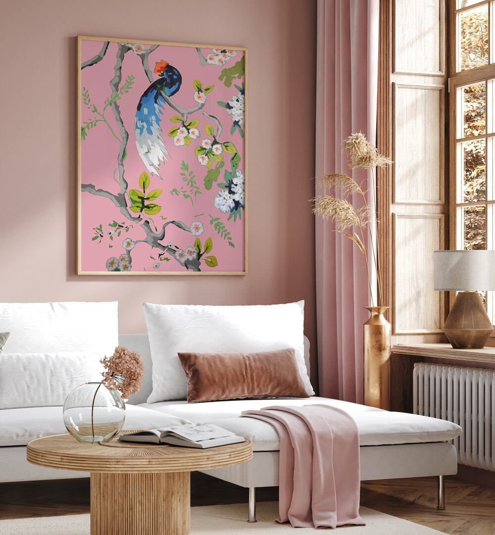 Brighten your space with DINING ROOM WALLS PINK II, ANIMAL PAINTINGS, showcasing vibrant wildlife art and floral elements.