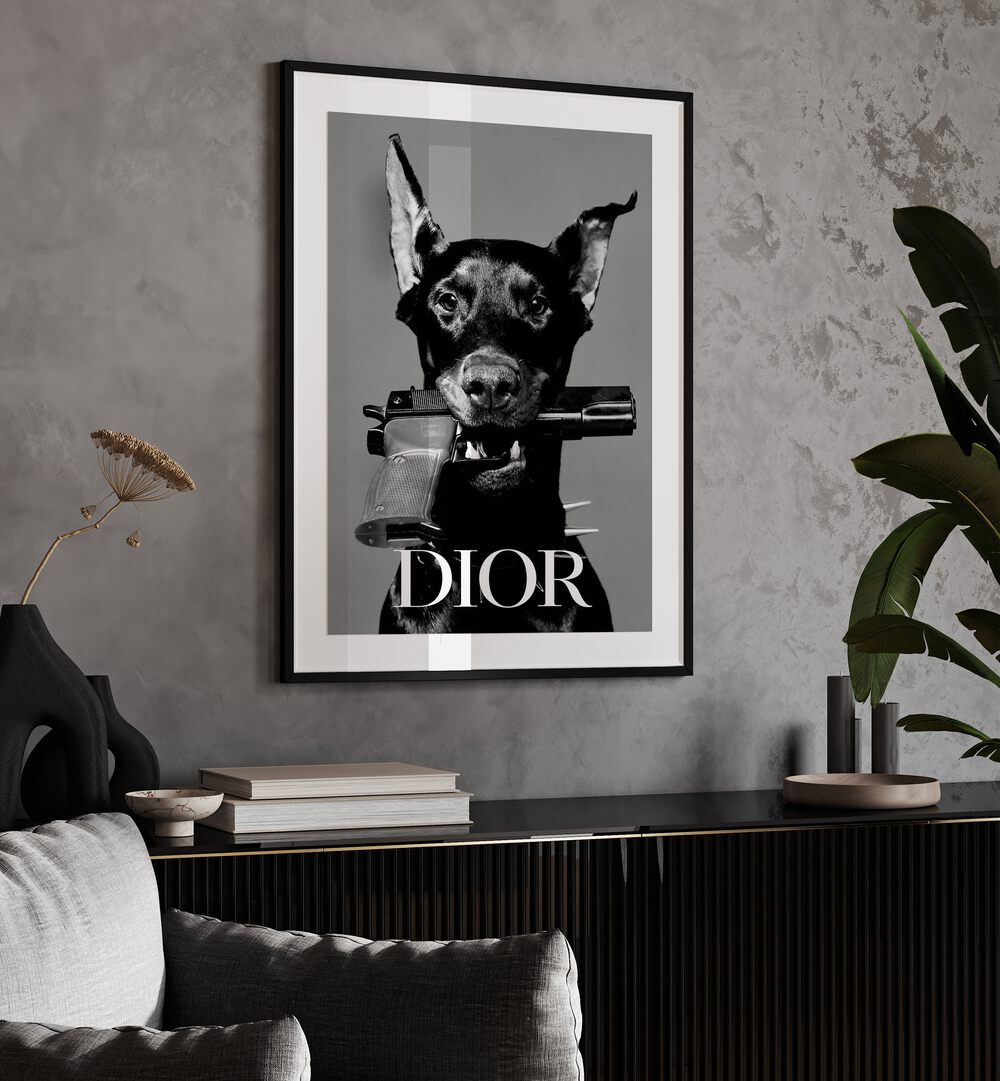 Dior Fashion Art Painting Artwork in black frame with mount above a console table on a grey wall