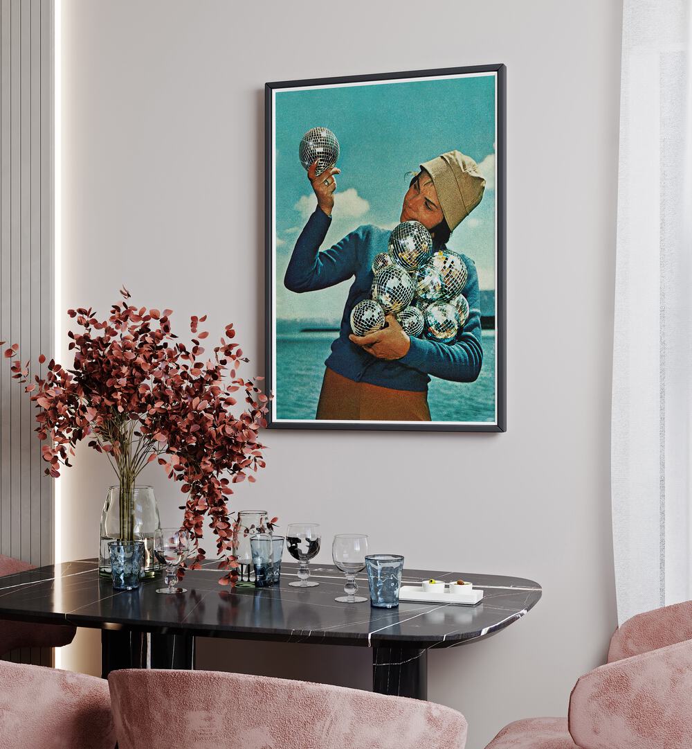 Disco Dora Surreal Art Painting Artwork in plain black frame above a dining table for dining area