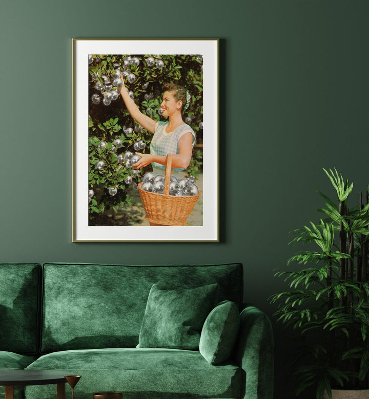 Disco Grove Surreal Painting, Surreal Art Artwork in Gold Frame With Mount placed on a Green Wall in the Living room