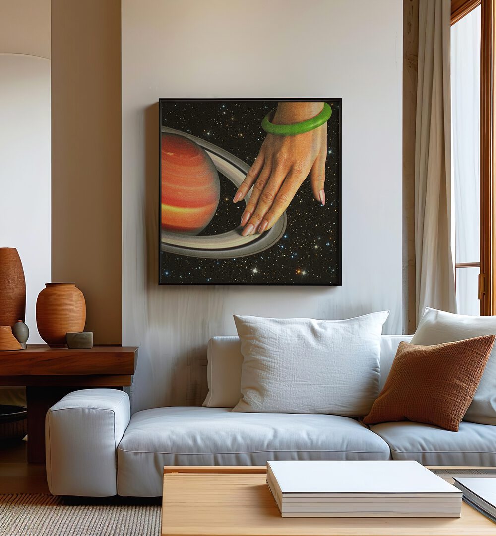 Disco In Galaxy Surreal Art Painting Artwork 
in plain black frame behind a sofa for living room