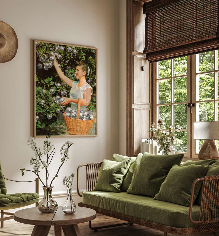 Disco Grove Surreal Painting, Surreal Art Artwork in Oak Wood Plain Frame on a cream colored wall next to a green Sofa in the Living Room