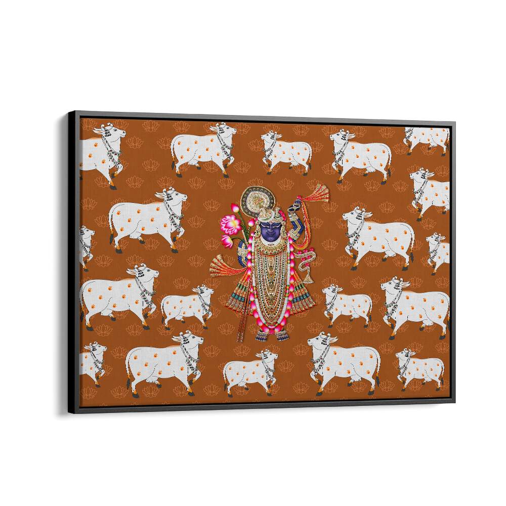 Divine Abode Shrinathji's Grace With The Sacred Cow Indian art painting Artwork in Black Floater Frame