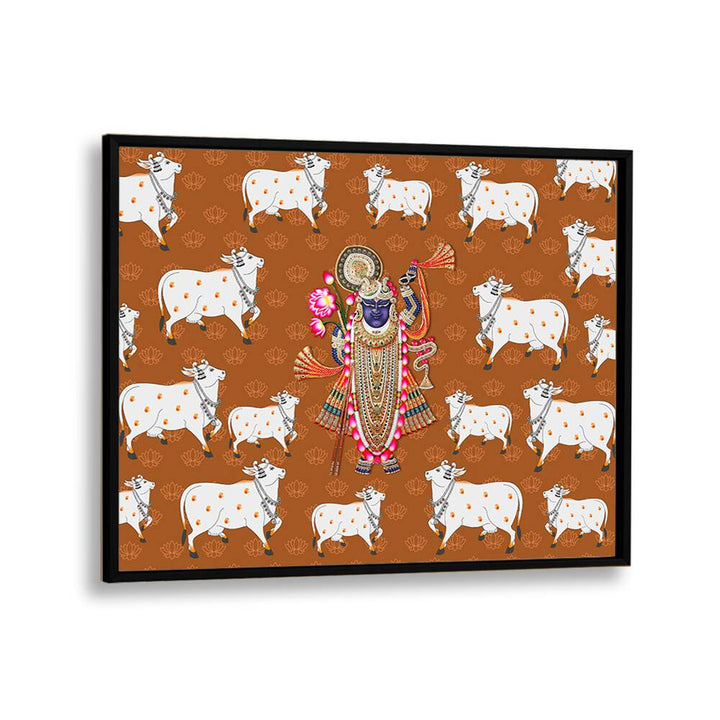 Divine Abode Shrinathji's Grace With The Sacred Cow Indian art painting Artwork in Black Plain Frame