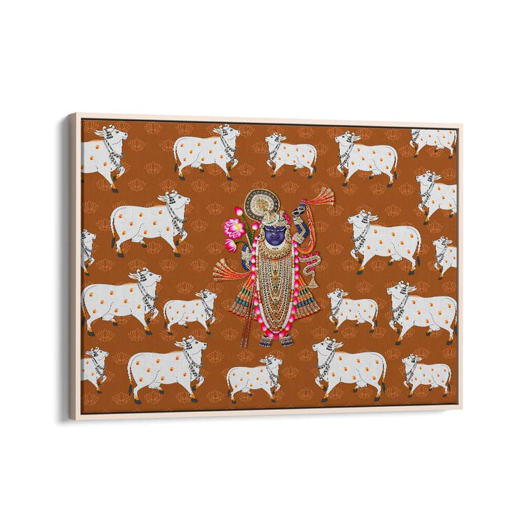 Divine Abode Shrinathji's Grace With The Sacred Cow Indian art painting Artwork in Oak Wood Floater Frame