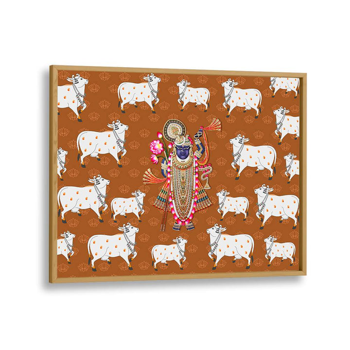 Divine Abode Shrinathji's Grace With The Sacred Cow Indian art painting Artwork in Oak Wood Plain Frame