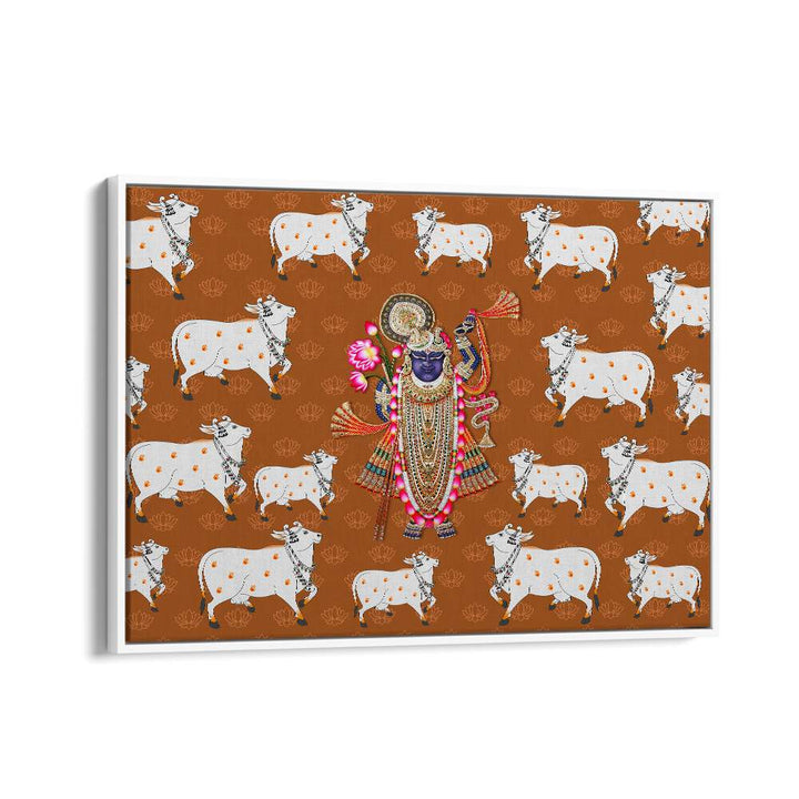 Divine Abode Shrinathji's Grace With The Sacred Cow Indian art painting Artwork in White Floater Frame