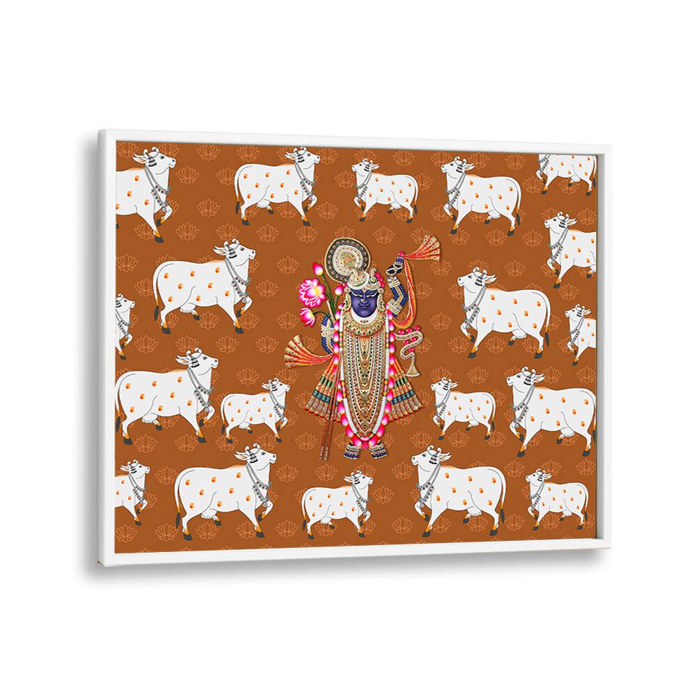 Divine Abode Shrinathji's Grace With The Sacred Cow Indian art painting Artwork in White Plain Frame